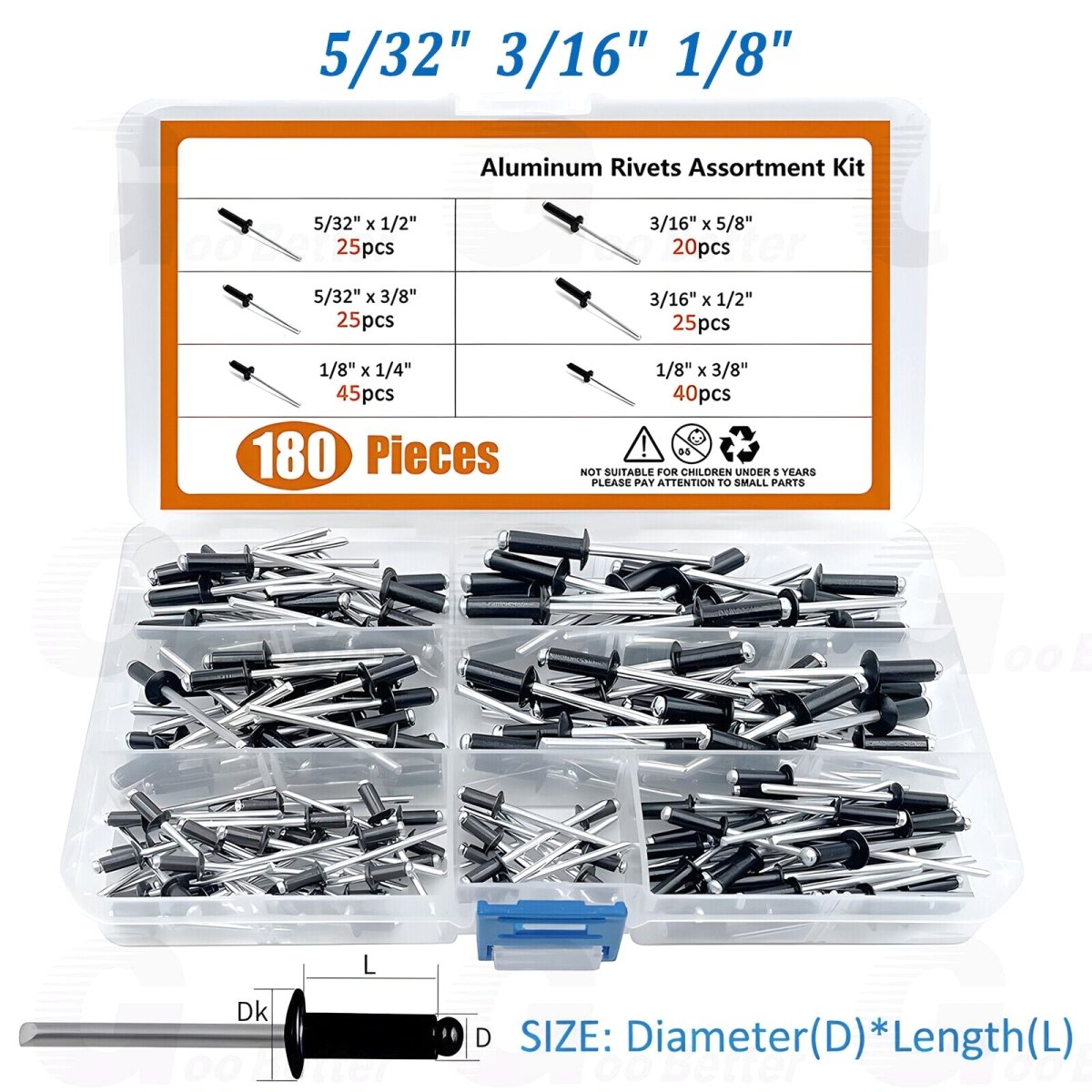 180Pcs Aluminum Dome Head Blind Pop Rivet Assortment Set 6 Sizes 5/32 3/16'' 1/8'' - HomeDIYer