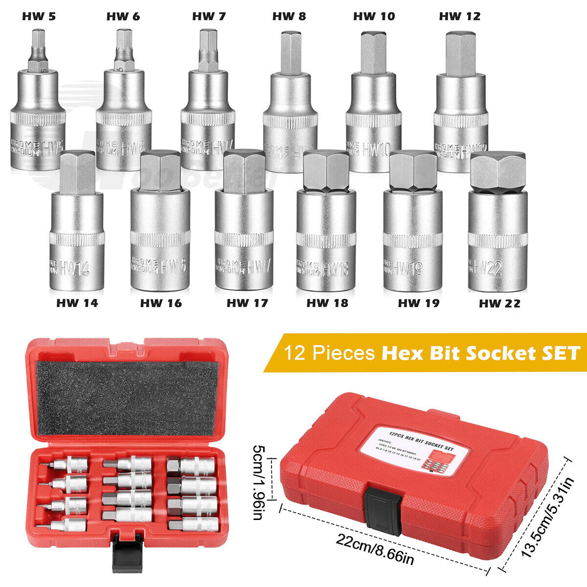 12Pcs 1/2 inch Drive Impact Hex Bit Socket Set H5 H6 H7 H8 H10 H12 H14 H16 H17 H18 H19 H22 Hex Key Sockets Set Hand - HomeDIYer