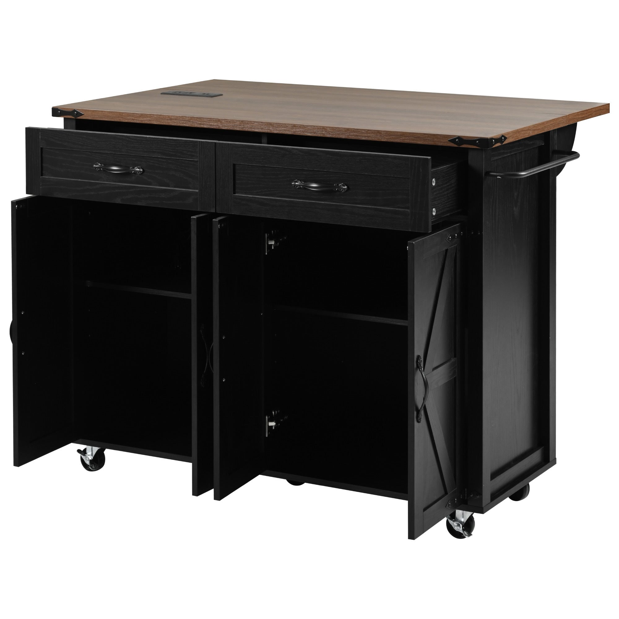 Farmhouse Kitchen Island with Power Outlet & Drop Leaf