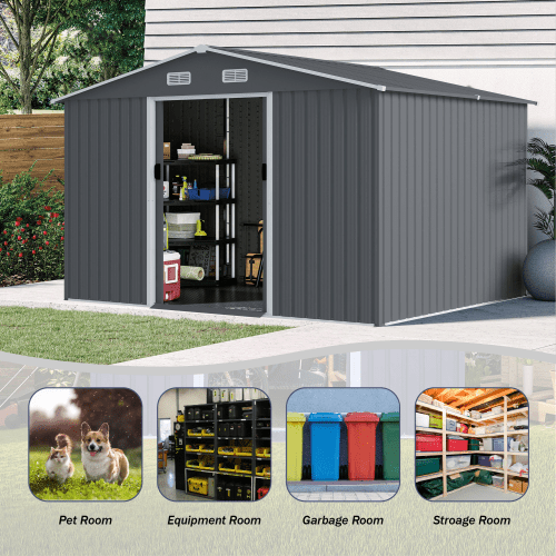 8 x 10 FT Outdoor Storage Shed Large Metal Tool Sheds, Heavy Duty Storage House with Sliding Doors with Air Vent for Backyard Patio Lawn to Store Bikes, Tools, Lawnmowers Grey - HomeDIYer