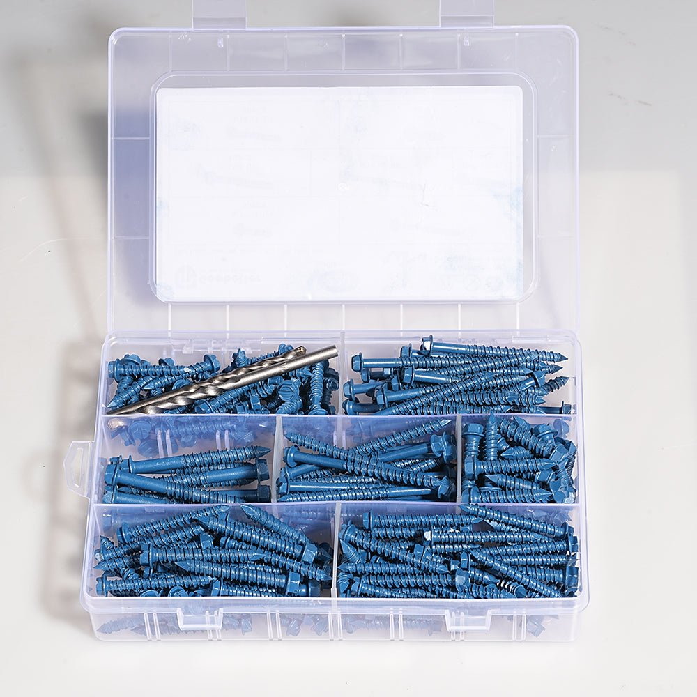 220x Slotted Hex Washer Head Concrete Screws 1/4″ and 3/16″ Blue with Drill Bit - HomeDIYer