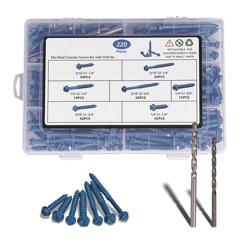 220x Slotted Hex Washer Head Concrete Screws 1/4″ and 3/16″ Blue with Drill Bit - HomeDIYer