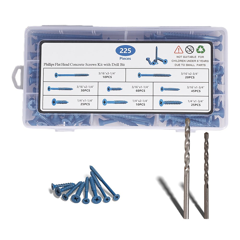 225Pcs Phillips Flat Head Concrete Masonry Screws 1/4″ 3/16″ Blue with Drill Bit - HomeDIYer