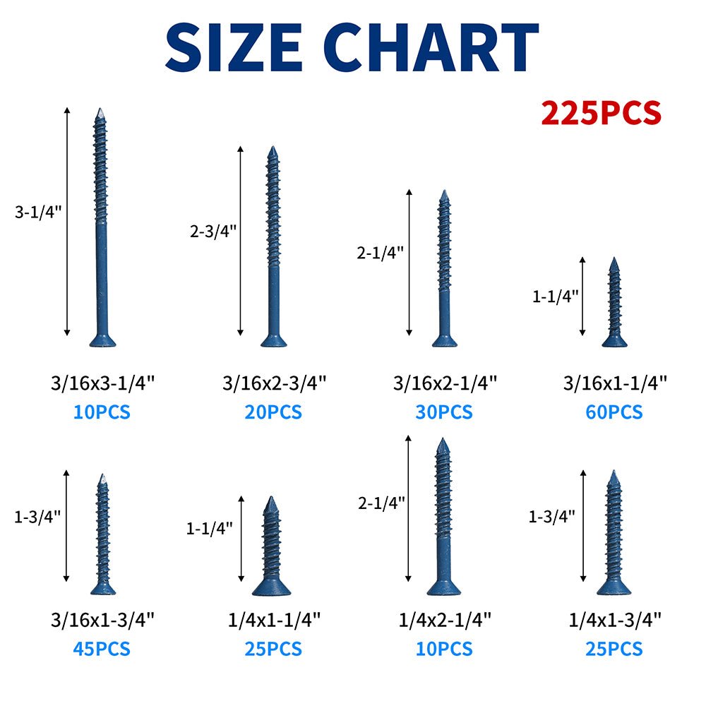 225Pcs Phillips Flat Head Concrete Masonry Screws 1/4″ 3/16″ Blue with Drill Bit - HomeDIYer