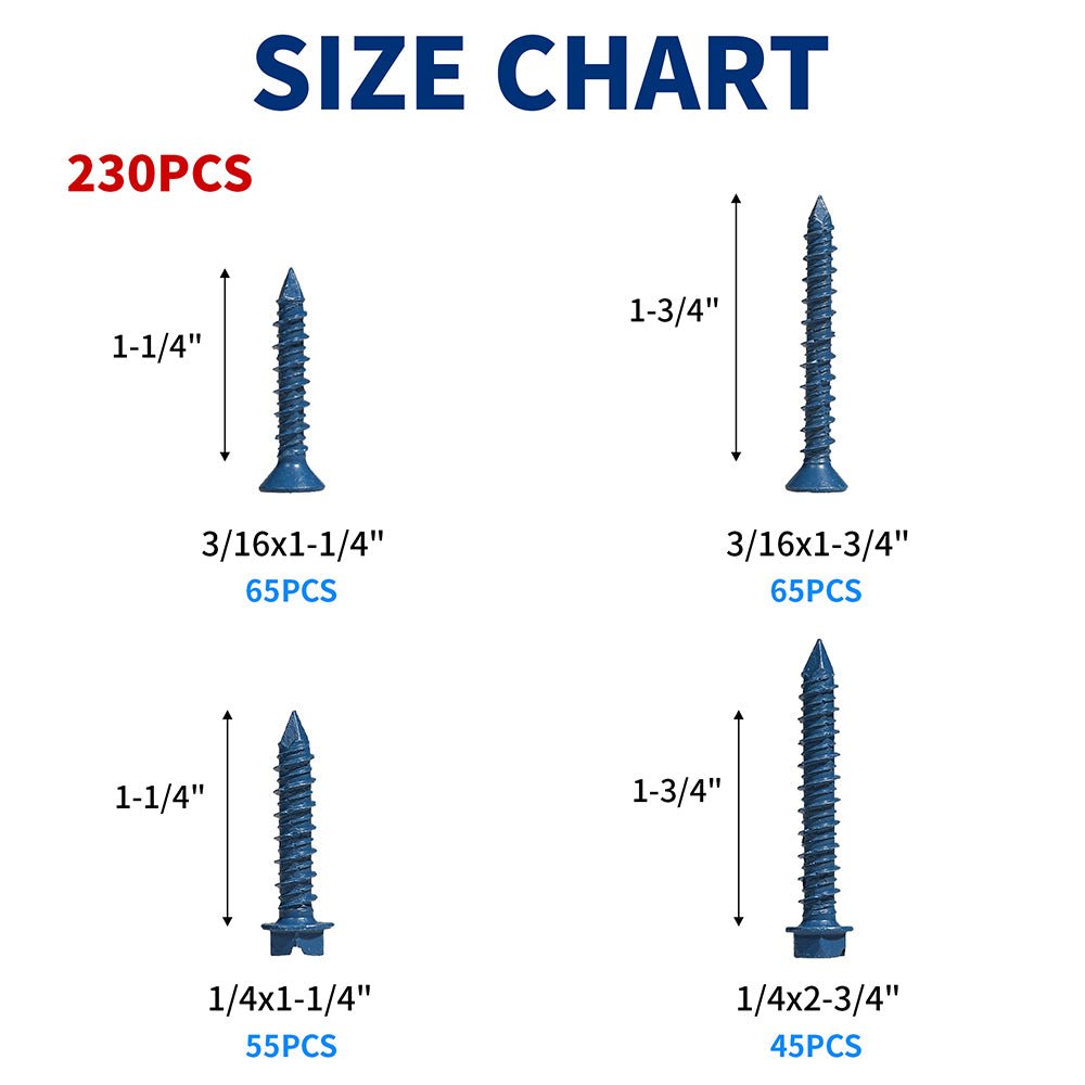 230x Phillips Flat & Slotted Hex Washer Head Concrete Screws 1/4″ and 3/16″ Blue - HomeDIYer