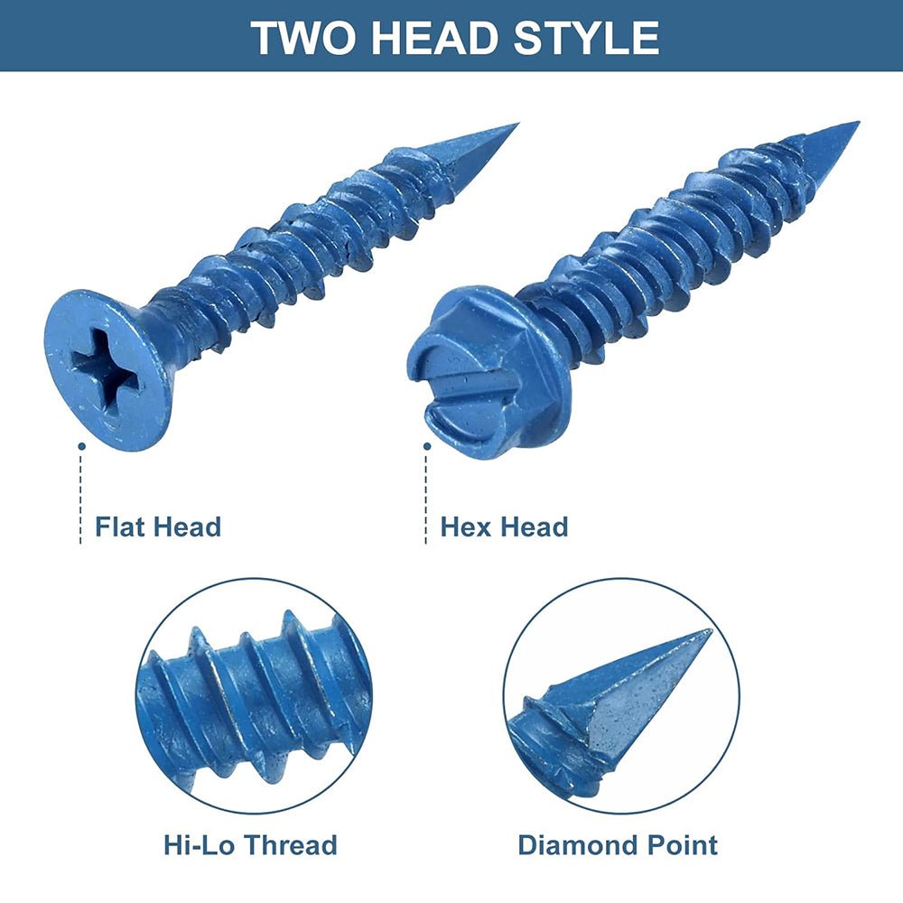 230x Phillips Flat & Slotted Hex Washer Head Concrete Screws 1/4″ and 3/16″ Blue - HomeDIYer