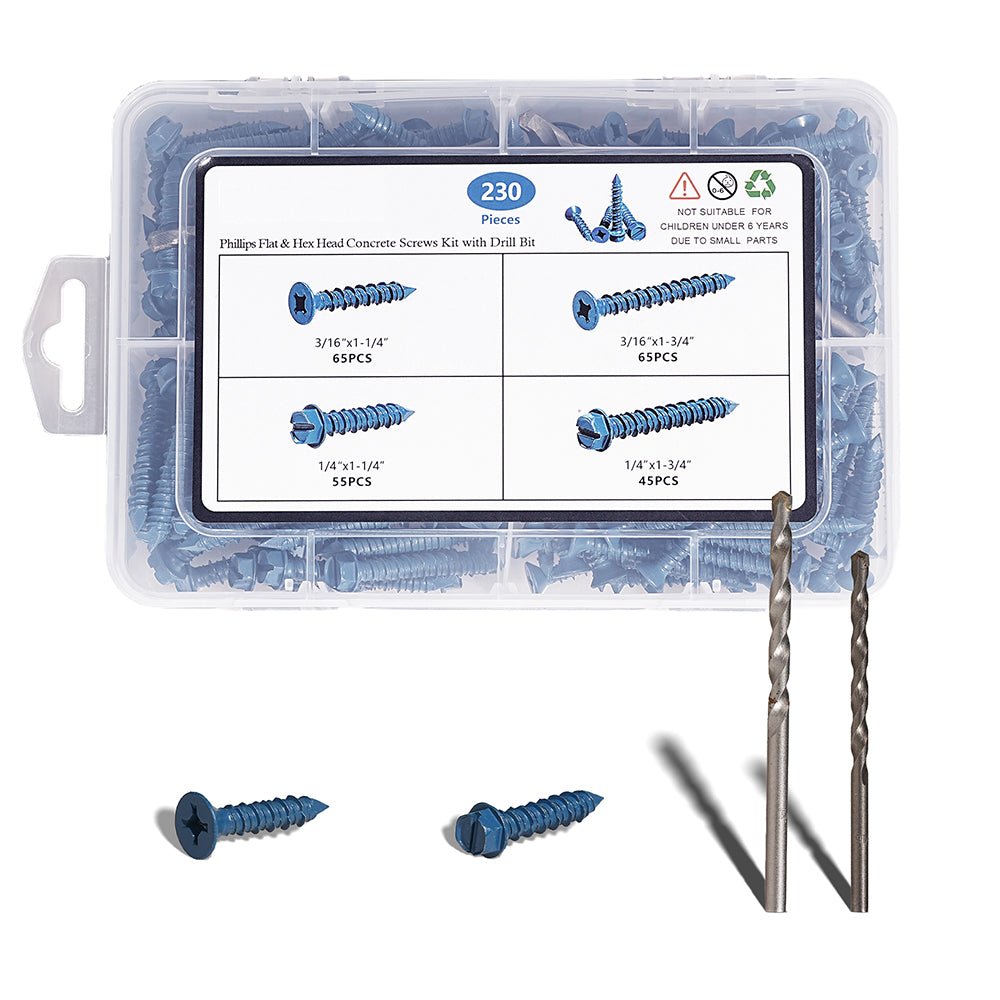 230x Phillips Flat & Slotted Hex Washer Head Concrete Screws 1/4″ and 3/16″ Blue - HomeDIYer