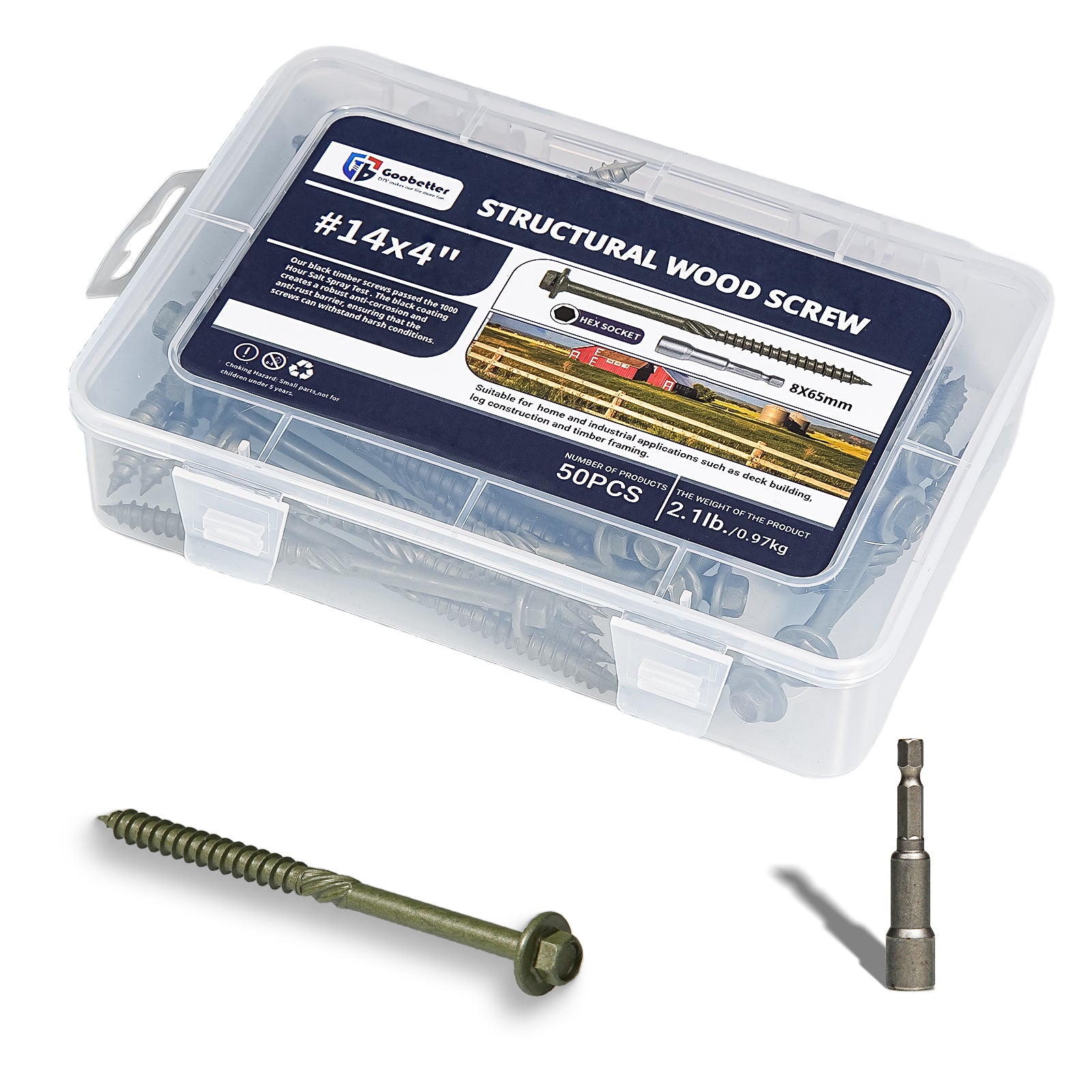 Structural Wood Screws 10 Inch,50-PCS #14 x 10" Heavy Duty Timber Screws, Rust Resistant,Washer Head, Green Coated Exterior Wood/Lag/Timber Screws Hex Socket Included