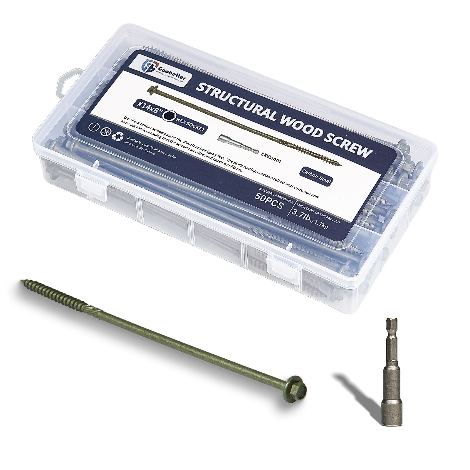 Structural Wood Screws 10 Inch,50-PCS #14 x 10" Heavy Duty Timber Screws, Rust Resistant,Washer Head, Green Coated Exterior Wood/Lag/Timber Screws Hex Socket Included
