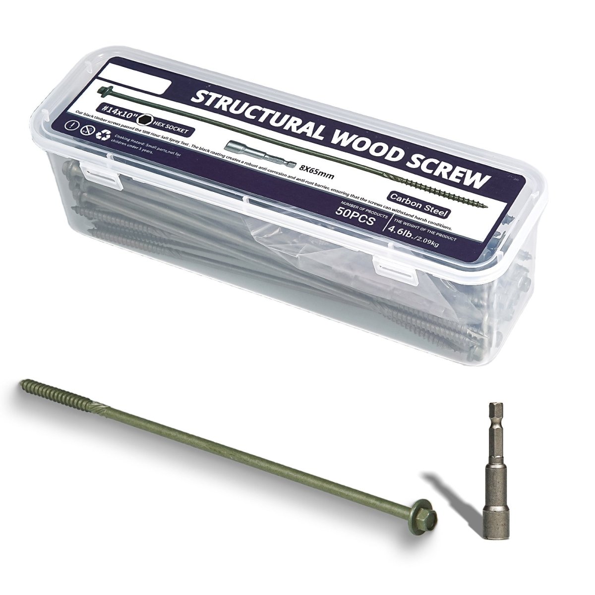 Structural Wood Screws 10 Inch,50 - PCS 14 x 10" Heavy Duty Timber Screws, Rust Resistant,Washer Head, Green Coated Exterior Wood/Lag/Timber Screws Hex Socket Included - HomeDIYer