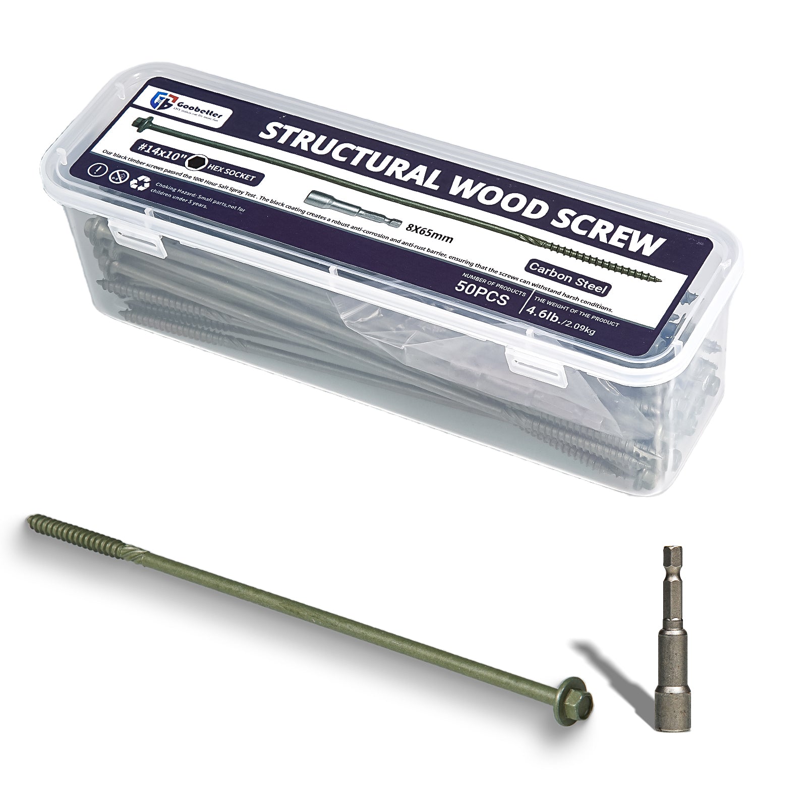 Structural Wood Screws 10 Inch,50-PCS #14 x 10" Heavy Duty Timber Screws, Rust Resistant,Washer Head, Green Coated Exterior Wood/Lag/Timber Screws Hex Socket Included
