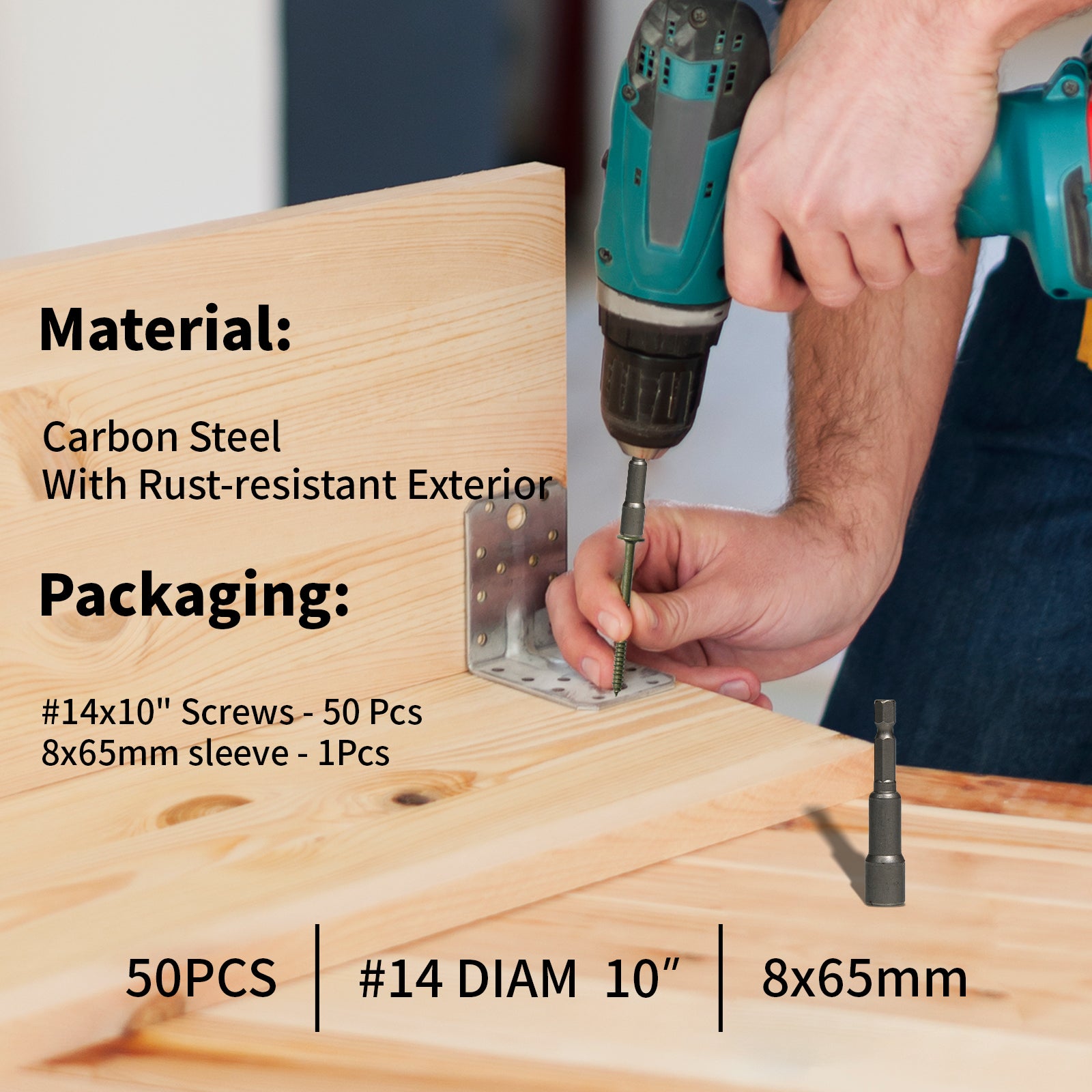 Structural Wood Screws 10 Inch,50-PCS #14 x 10" Heavy Duty Timber Screws, Rust Resistant,Washer Head, Green Coated Exterior Wood/Lag/Timber Screws Hex Socket Included