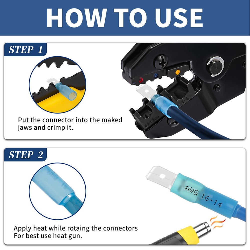 260PCS Heat Shrink Spade Connectors,16 - 14 22 - 16 12 - 10 Gauge Crimp Insulated+Crimping Tool+Self - Adjusting Wire Stripper (3 Colors) - HomeDIYer