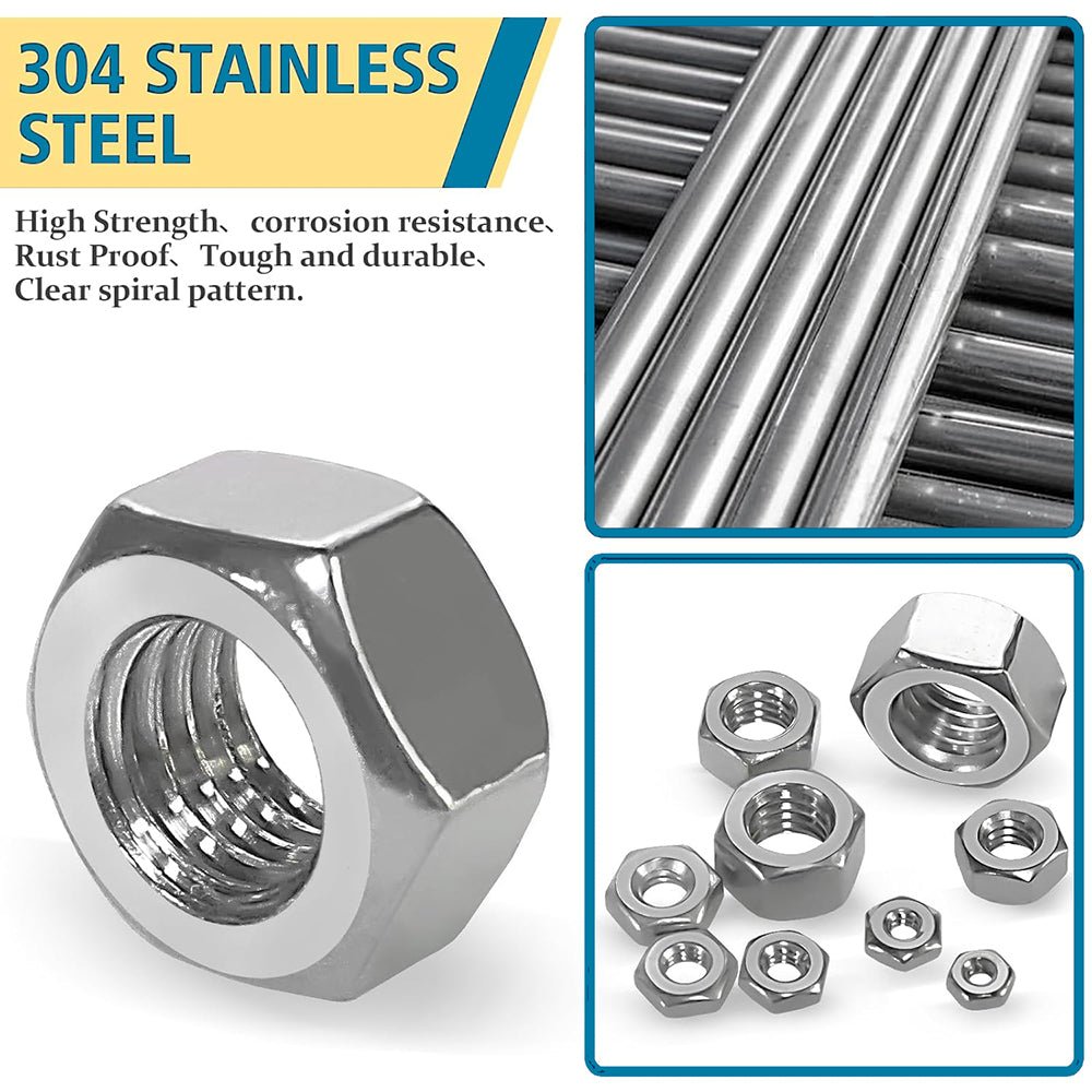 4 6 8 10 12 1/4 5/16 3/8 1/2 160Pcs 304 Stainless Steel Hex Nuts Assortment Set - HomeDIYer