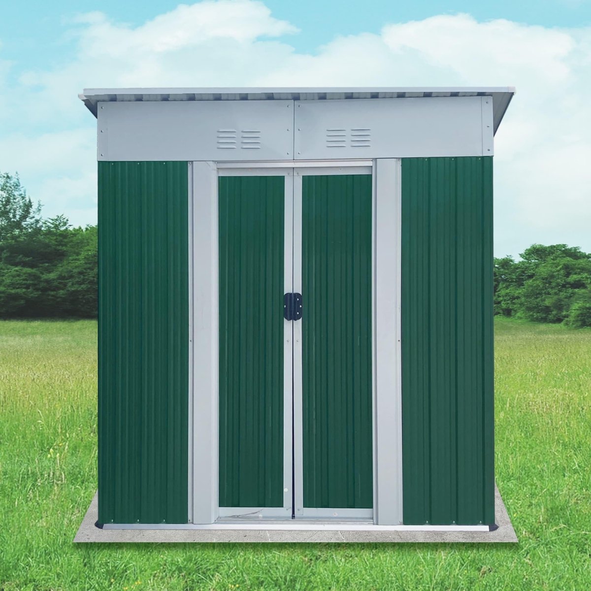 5x3FT Outdoor Storage Shed | Green & White Metal Tool Shed with Sliding Door - HomeDIYer