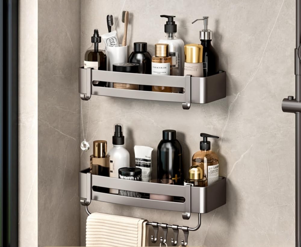 Shower Shelf - 2 Tier Rustproof Bonded Shower Caddy - Wall - Mounted Shower Holder - 8 Hooks,Towel Bars - Shower Accessories Bathroom Organiser - No Drilling Required for Installation - HomeDIYer