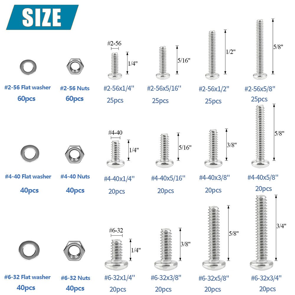 540 Pcs Stainless Phillips Pan Head Machine Screws Nuts Washers Assortment Set - HomeDIYer