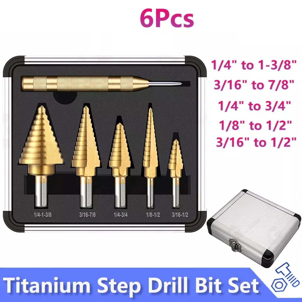 HSS 6PCS Titanium Step Drill Bit Set With Automatic Center Punch for Metal/Wood - HomeDIYer