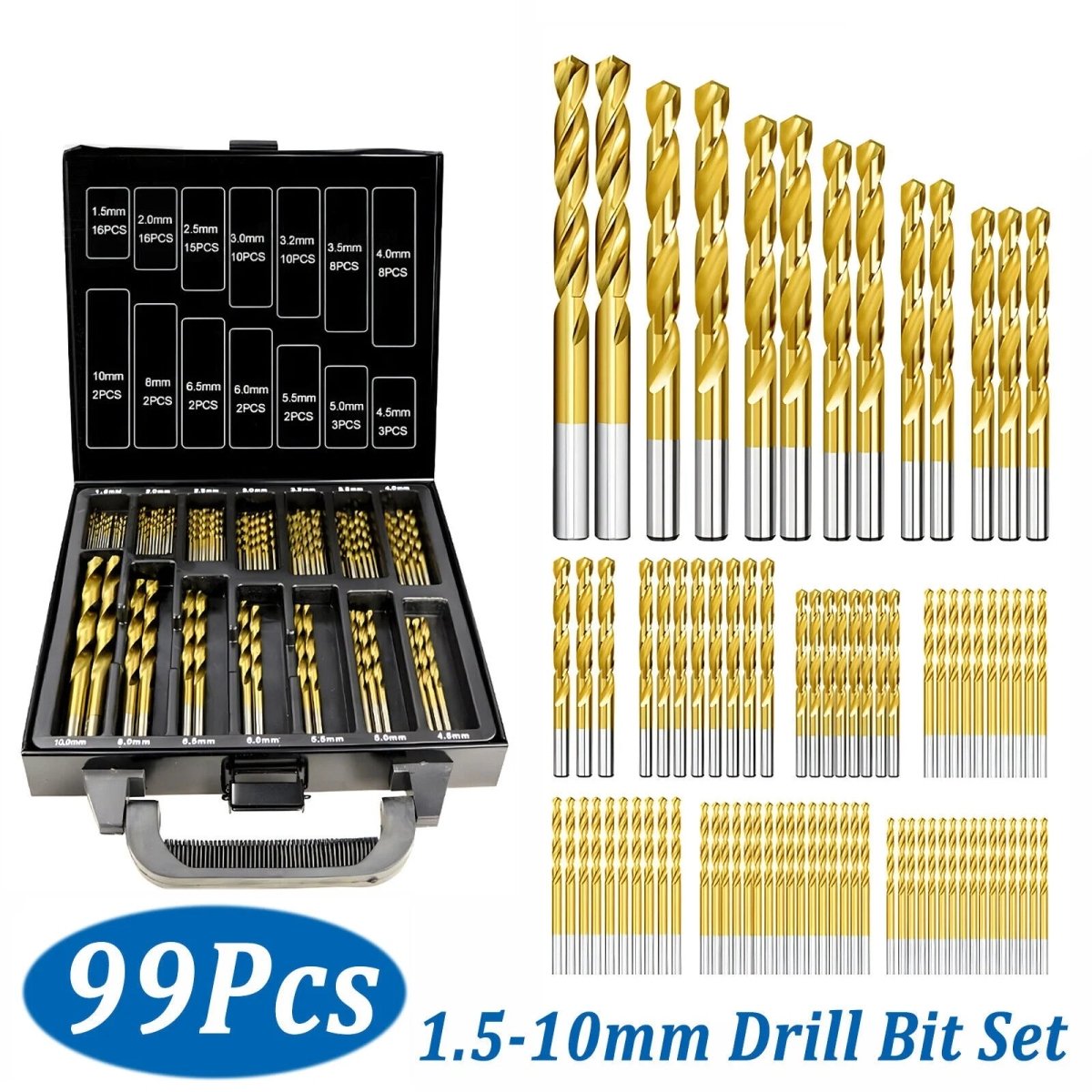 HSS Twist Drill Bit Set 1.5 - 10mm Titanium Hole Saw Tools DIN338 Metal Drill 99Pc - HomeDIYer