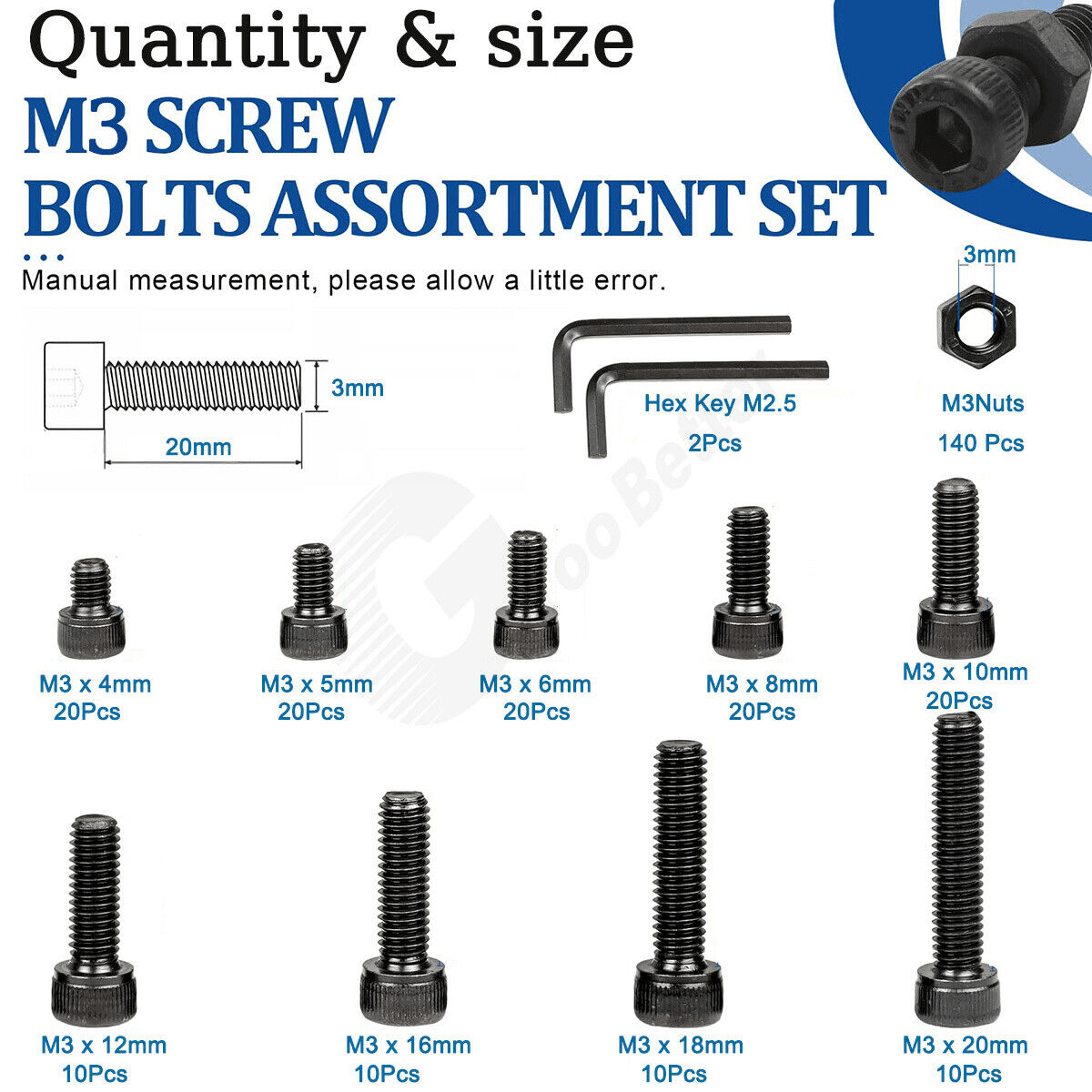 282Pcs M3 Black Hexagon Socket Cup Head Screws Bolts & Nut Kit 12.9 High Tensile - HomeDIYer