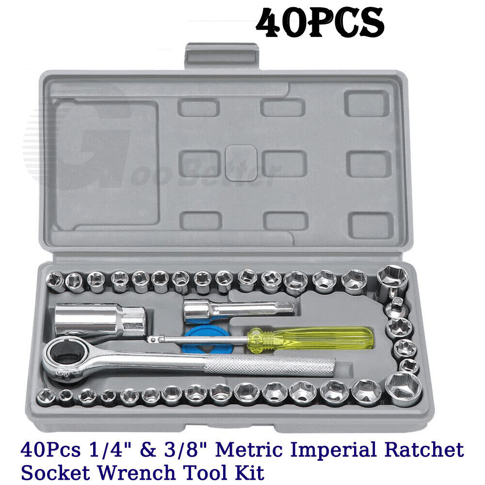 40x Professional 1/4"&3/8" Socket Wrench Tool Kit Metric Imperial Ratchet Bolts - HomeDIYer
