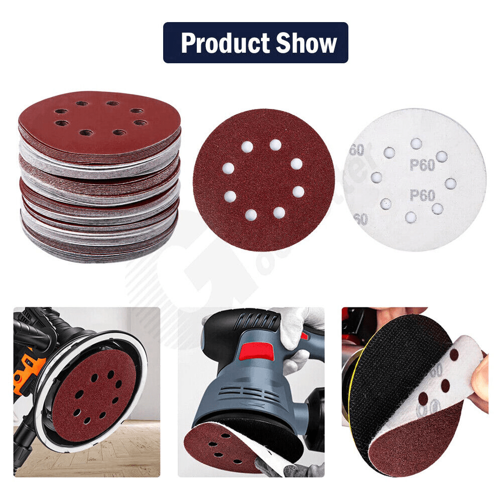 150Pcs 5inch Sanding Discs 60 - 600 Grit Hook Loop 8 - Hole Orbital Sander Sandpaper - HomeDIYer