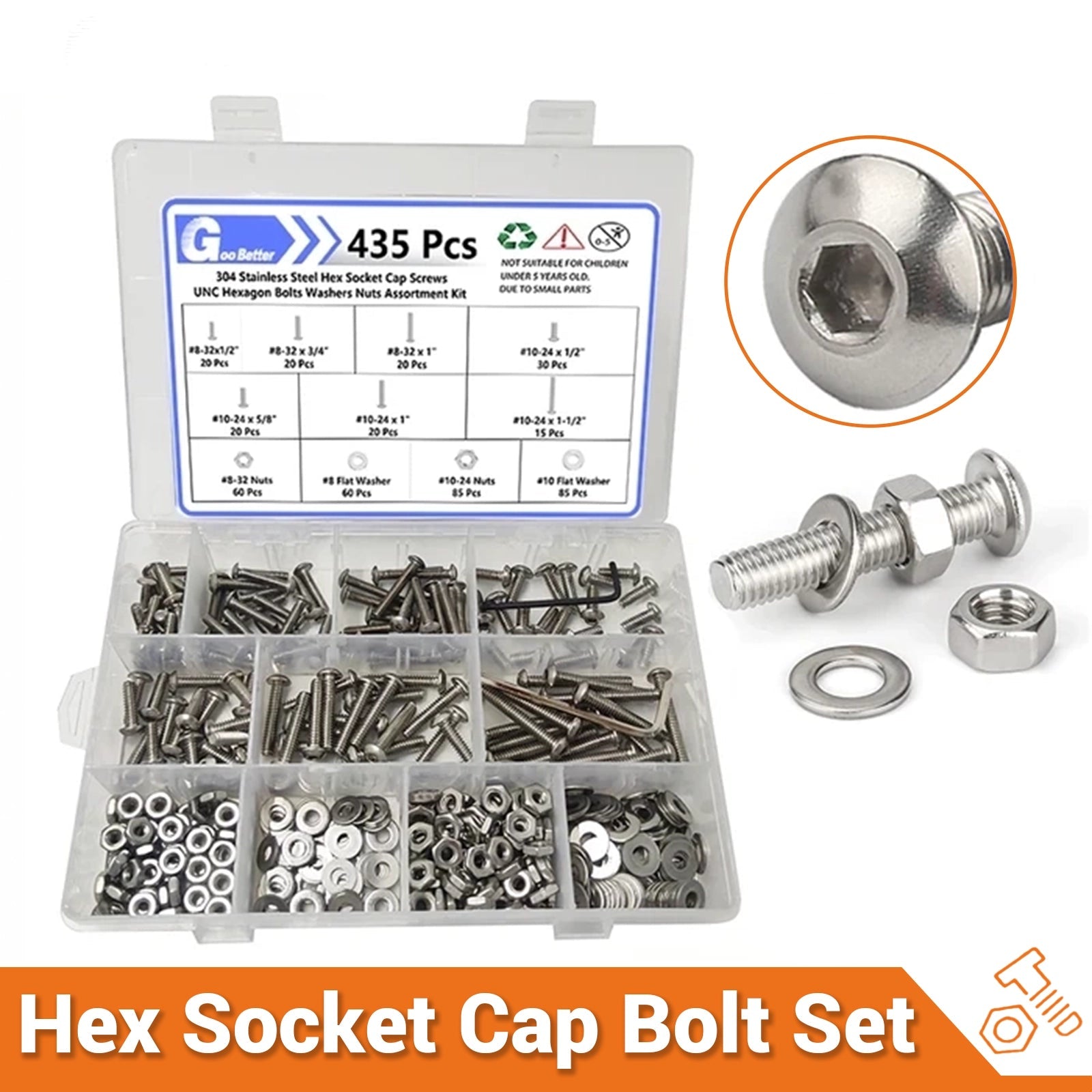 8 10 Hex Socket Cap Head Bolts Nuts Assortment Kit A2 Stainless Steel 435 Pcs - HomeDIYer