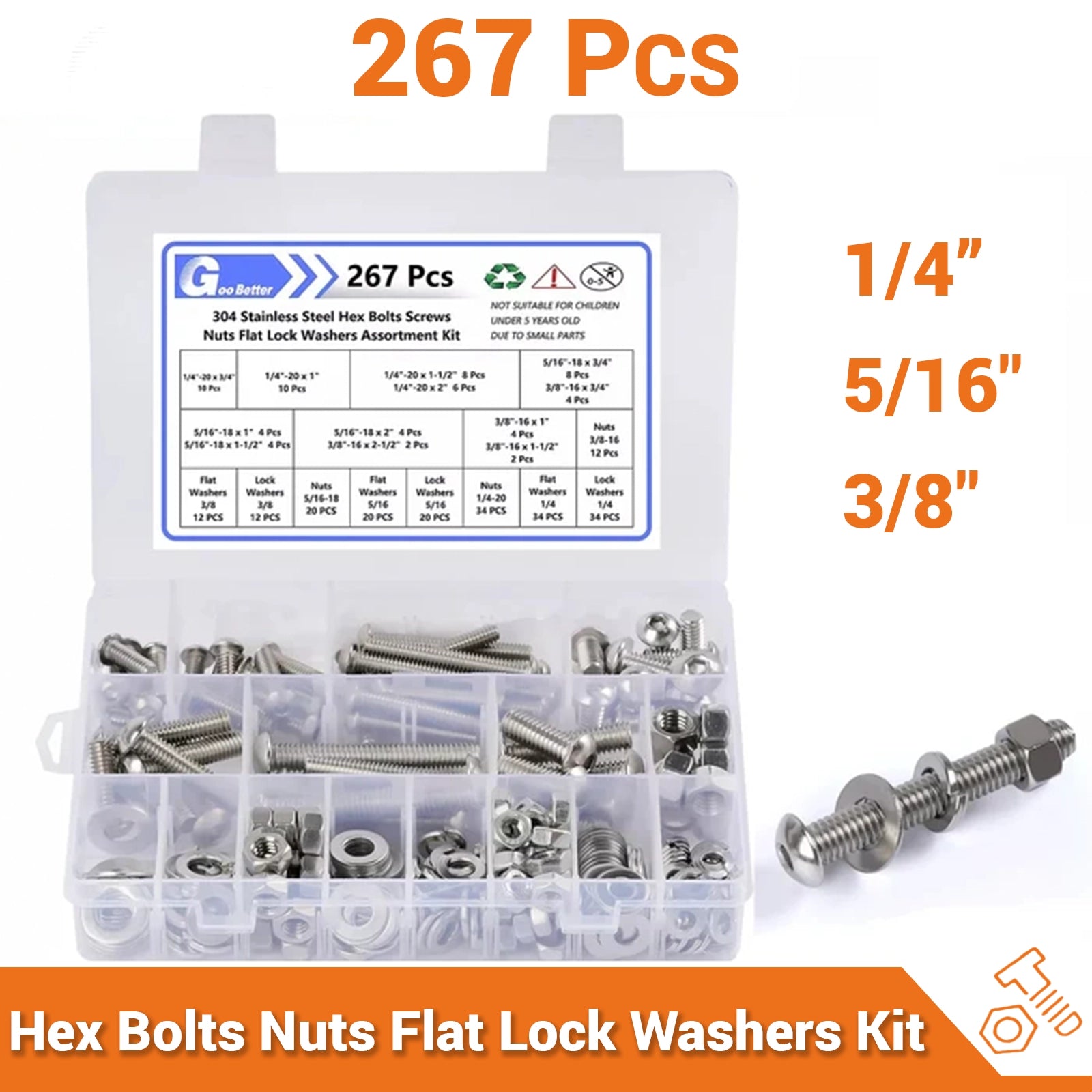 1/4 5/16 3/8 Hex Socket Cap Head Bolts Nuts Assortment Kit A2 Stainless 267 Pcs - HomeDIYer