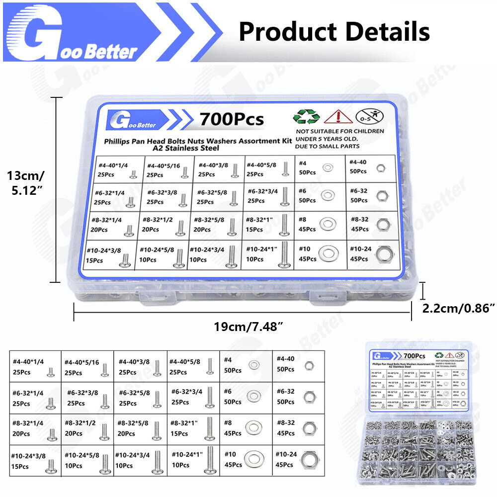 700Pcs Phillips Pan Head Machine Screw, Nuts Flats, Lock Washers Assortment Kit - HomeDIYer