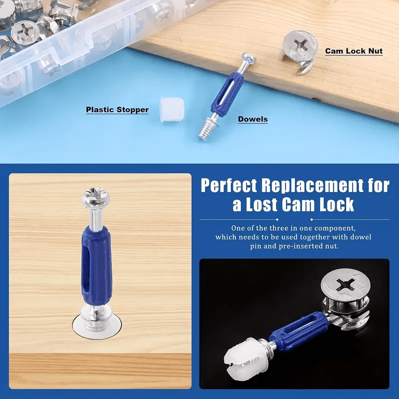 220 - Pack 3 - in - 1 Cam Fittings Furniture Assembly Kit with Dowel, Pre - Inserted Nut, 40mm Rod, Blue, and Multi - Size Repair Spare Parts Nut & Bolt Assortment Sets for Easy Install of Cabinets, Wardrobes Panels & More - HomeDIYer