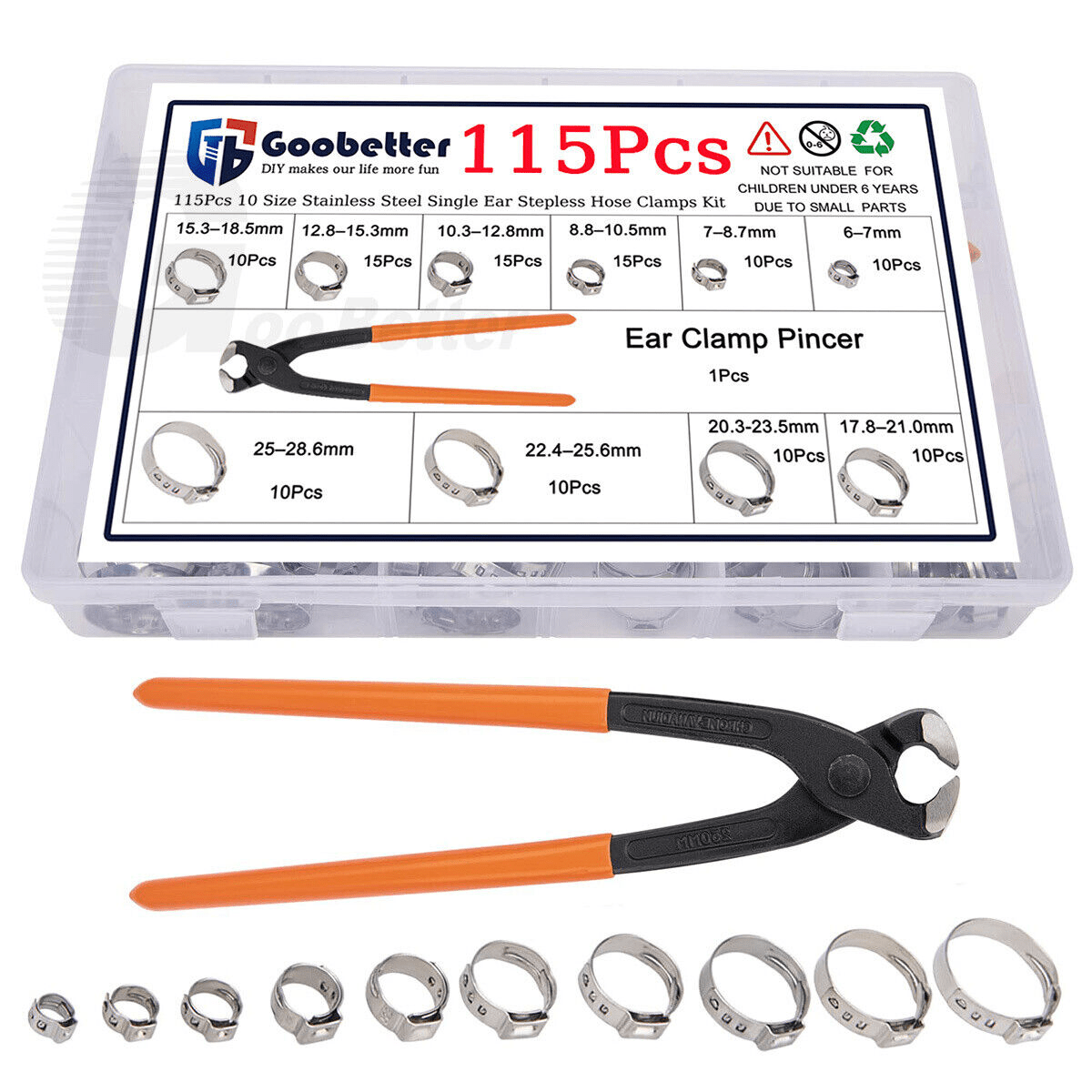 115Pcs 6 - 28.6mm Single Ear Stepless Hose Clamps Stainless Steel Clamp Assortment - HomeDIYer