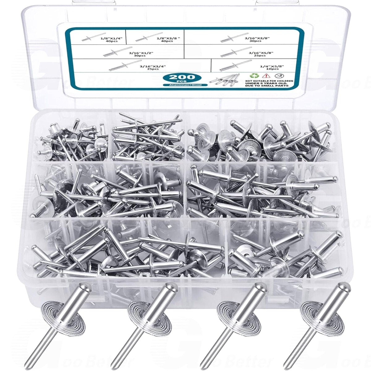 200pcs Pop Rivets Assortment Kit Aluminum Blind Rivets 8 Sizes 1/8'' 3/16'' 1/4'' - HomeDIYer