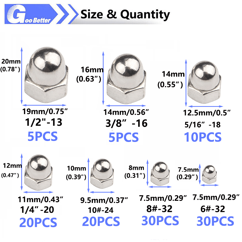 120Pcs UNC Dome Acorn Cap Nuts Kit Decorative Nut Stainless Steel 6 8 10~1/2" - HomeDIYer