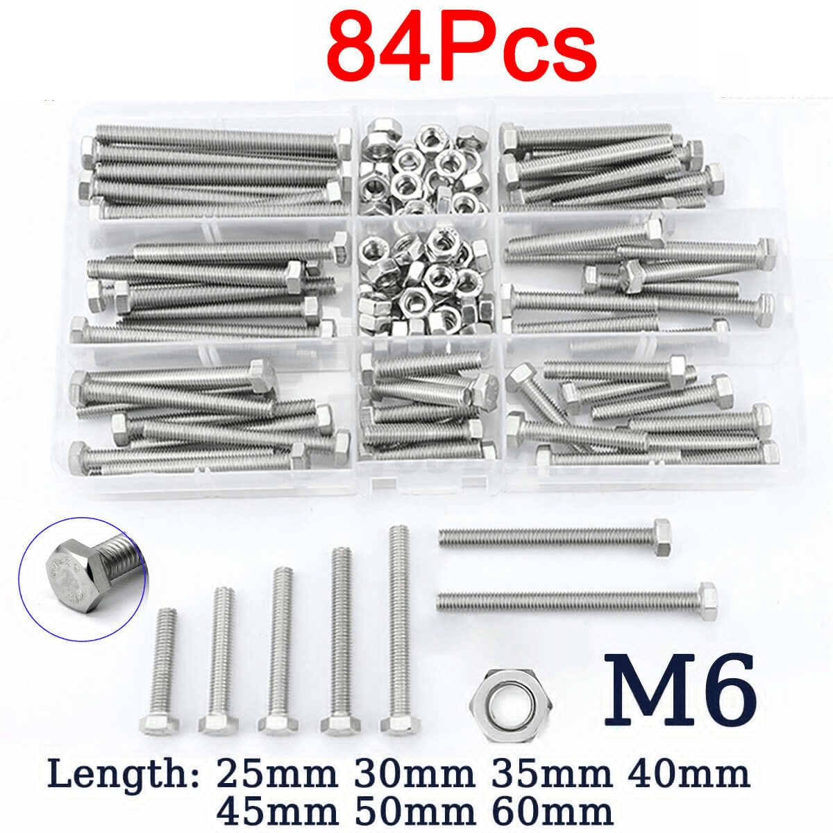 84pcs  M6 Hex Head Bolts and Nuts Set Stainless Steel Metric Fully Threaded Screws - HomeDIYer