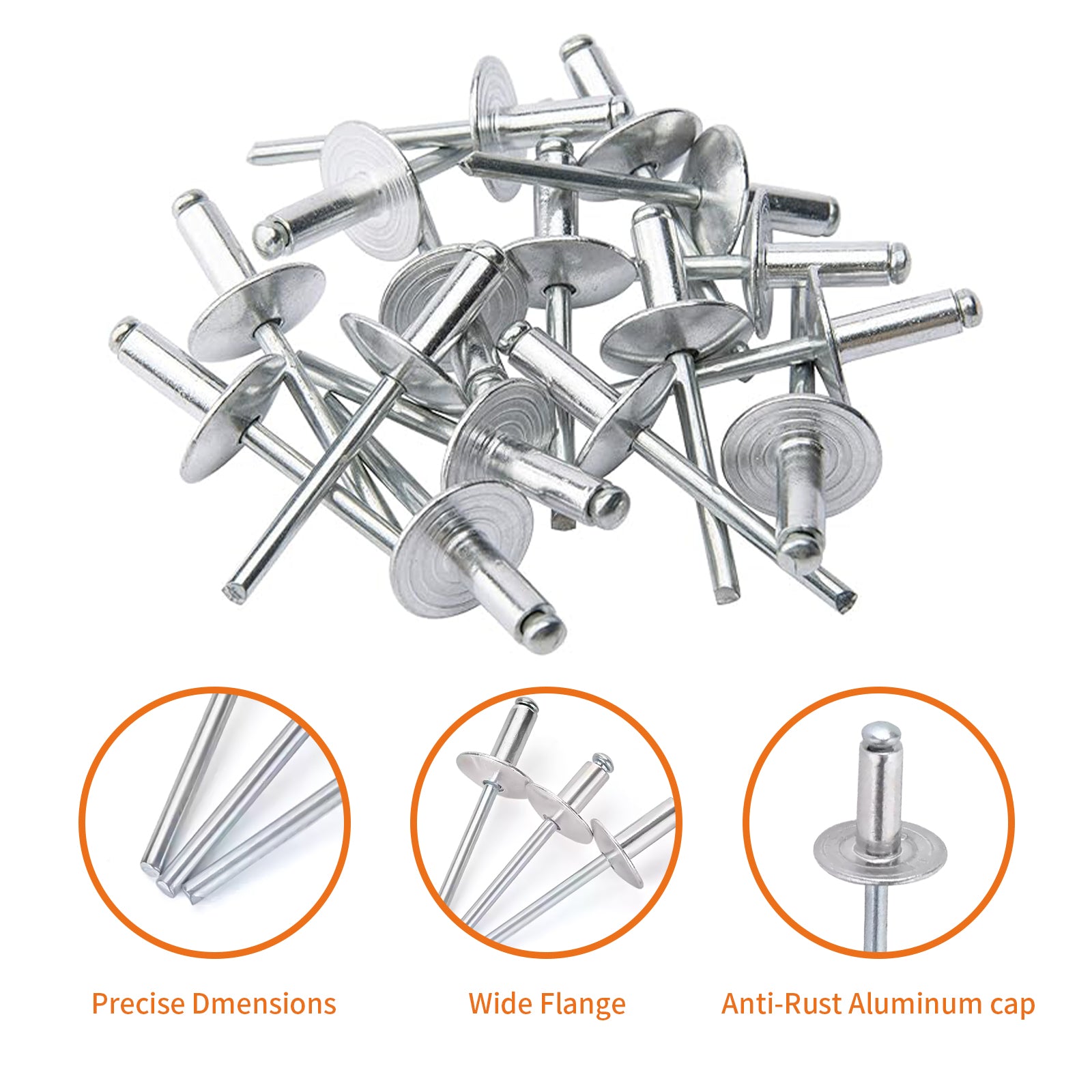 Extra Large Flange Pop Rivets – Open Blind Rivets Aluminum/Steel 3.2mm, 4.0mm, 4.8mm