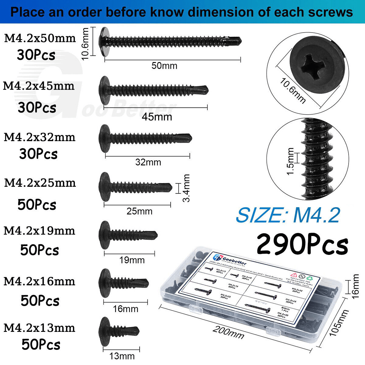 290x M4.2 Phillips head self - drilling screws set Self - tapping sheet metal screws + drill bit - HomeDIYer