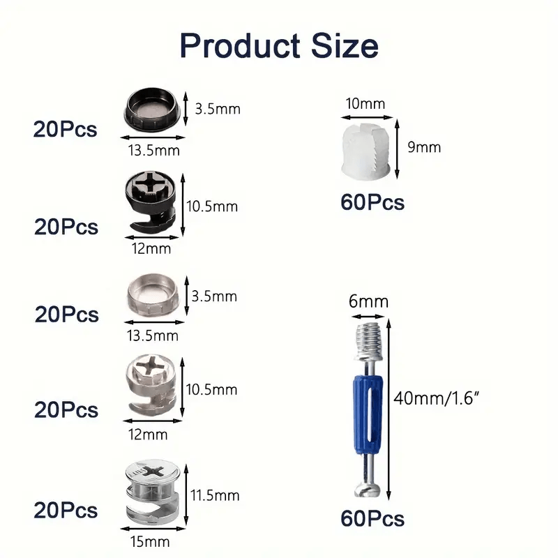 220 - Pack 3 - in - 1 Cam Fittings Furniture Assembly Kit with Dowel, Pre - Inserted Nut, 40mm Rod, Blue, and Multi - Size Repair Spare Parts Nut & Bolt Assortment Sets for Easy Install of Cabinets, Wardrobes Panels & More - HomeDIYer