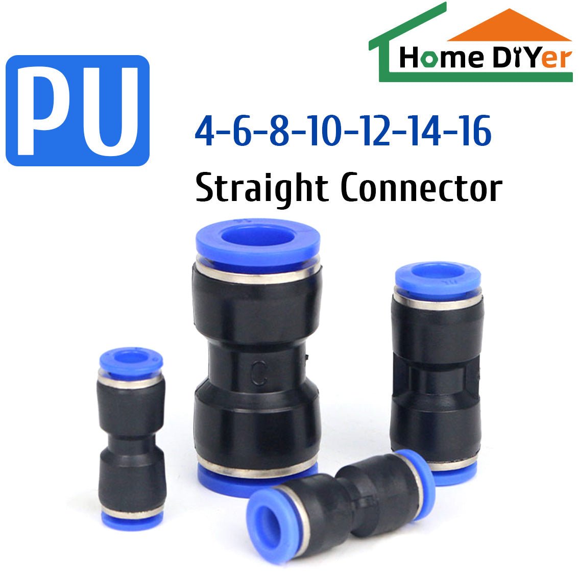 Pneumatic Straight Connectors Push To Connect Fitting Air Water Pipe 1/6" - 5/8" - HomeDIYer