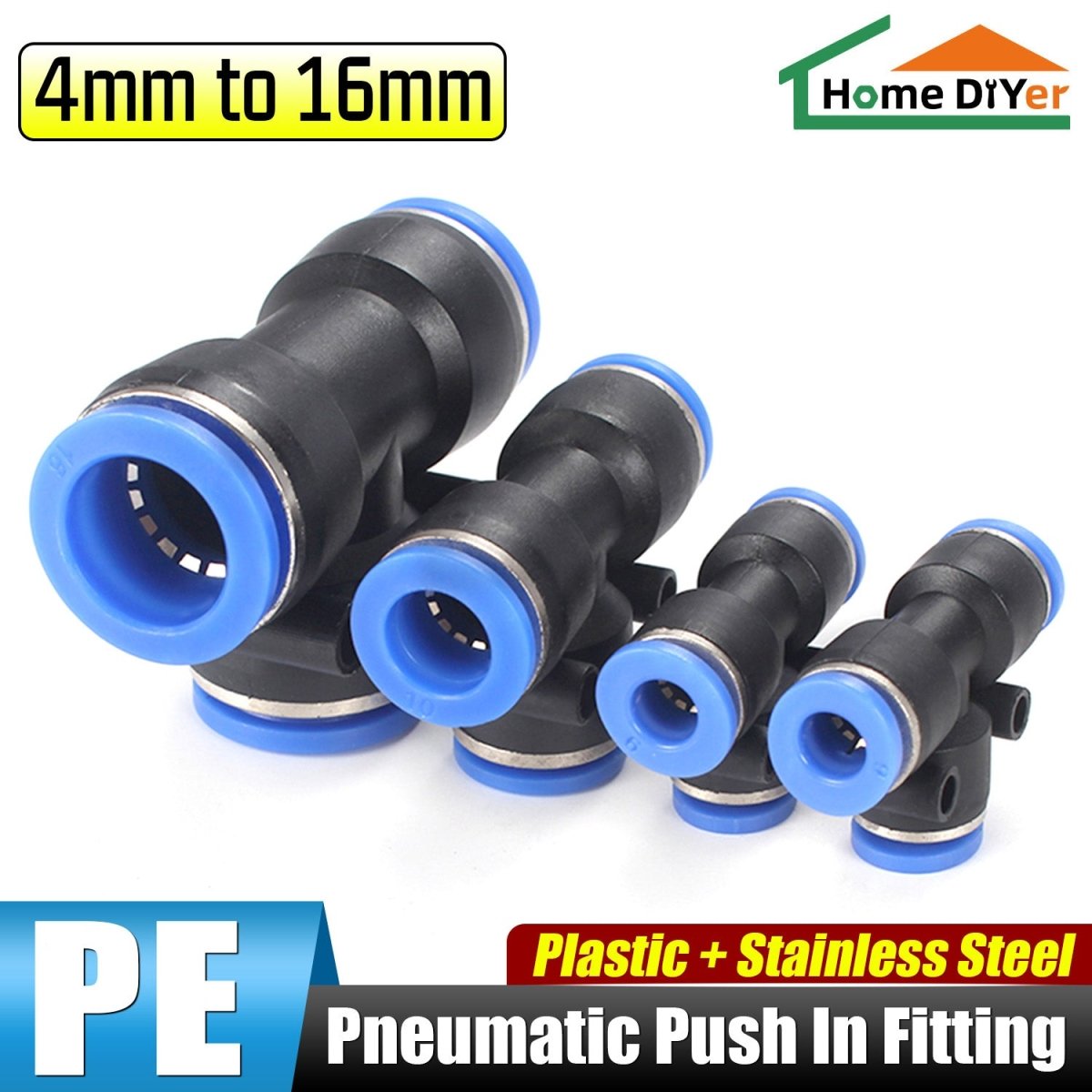 Pneumatic Push In Fitting - T Shape 3 Way Connector 1/6" - 5/8" For Air Water Pipe - HomeDIYer