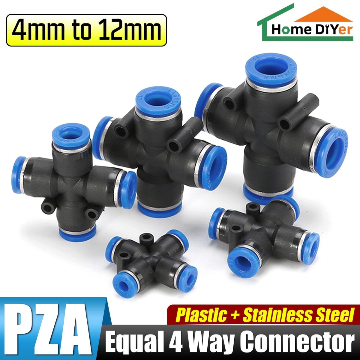 Pneumatic Push In Fitting Air Water Pipe - Equal 4 Way Connector 4 - 6 - 8 - 10 - 12mm - HomeDIYer