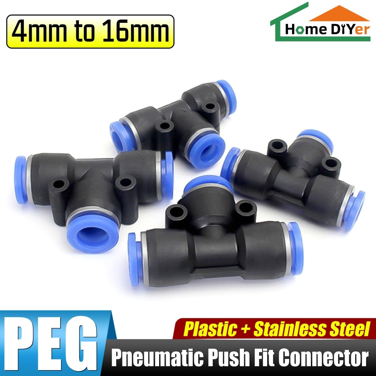 Pneumatic Push - In Fitting Air Water Hose Joiner 'T' 3 Way Connector - Reducer - HomeDIYer