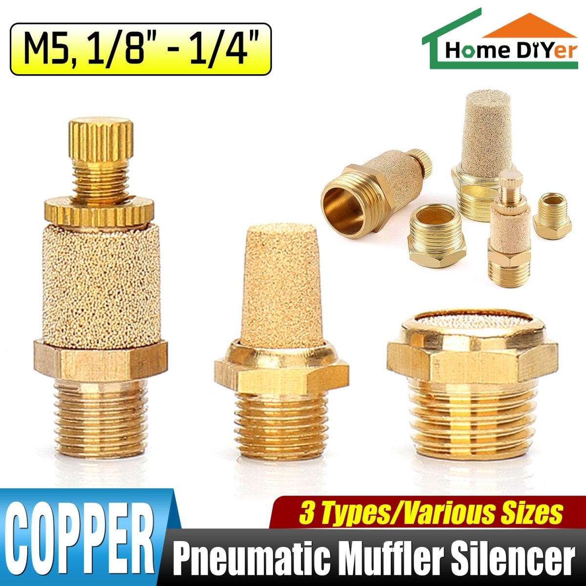 M5 1/8" - 1/4" BSP Sintered Bronze Pneumatic Air Silencer Thread Copper Muffler - HomeDIYer