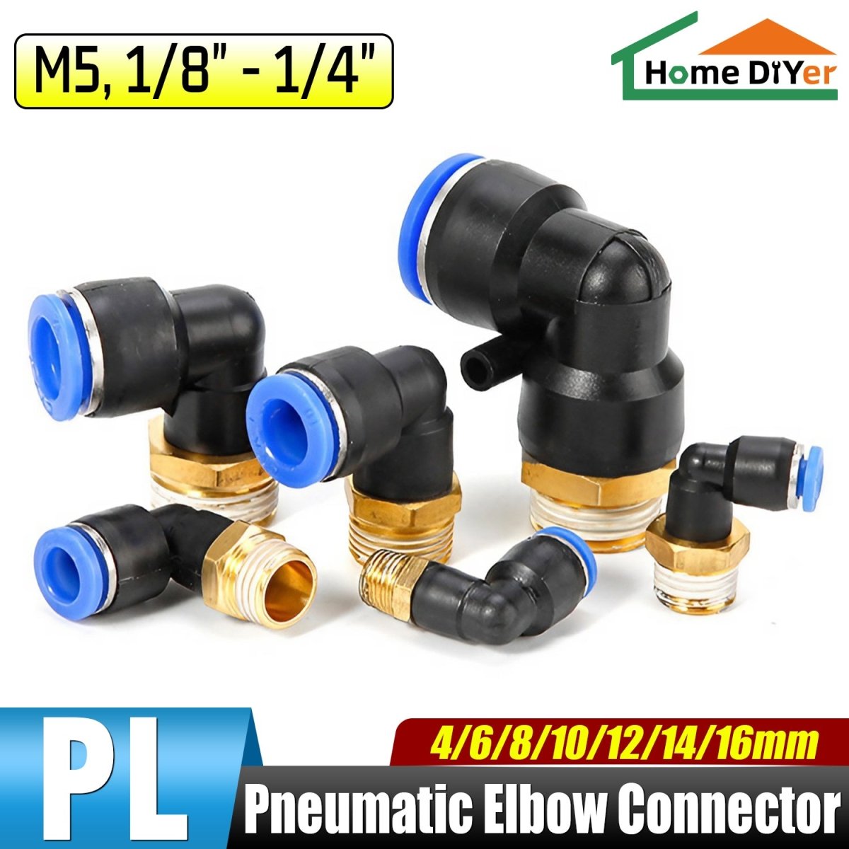 Pneumatic Push In Fitting 1/8" - 3/4" Male Elbow Connector for Air Water Hose Tube - HomeDIYer