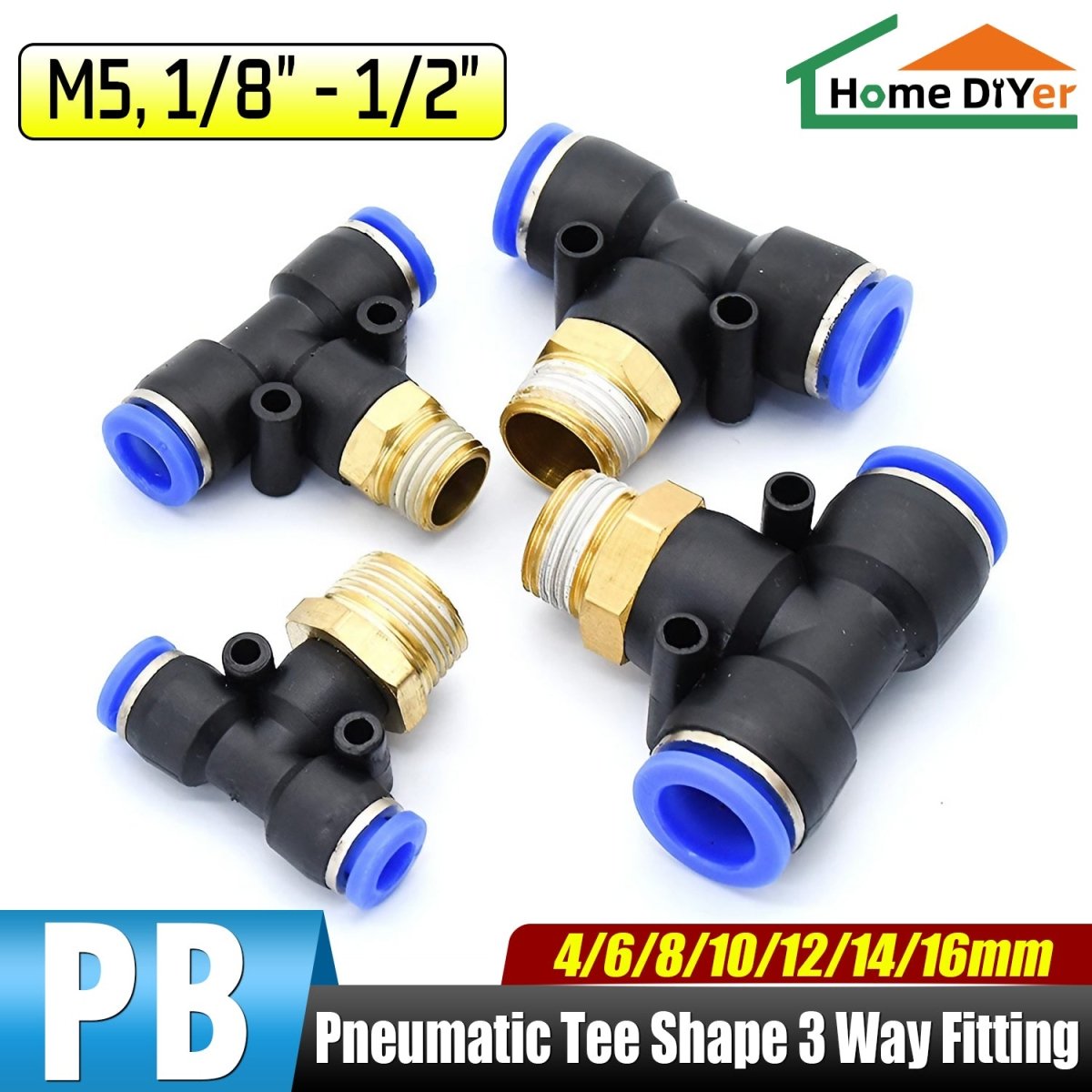 4 - 16mm Pneumatic Push In Fitting Tee T piece 3 Way Connector For Air Water Pipe - HomeDIYer