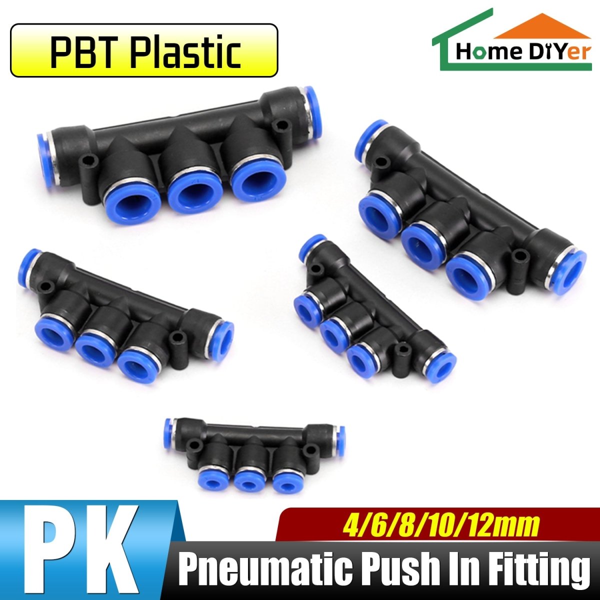 Pneumatic Fittings 5 WAY push - fit hose inline air - line connector 4,6,8,10,12mm - HomeDIYer