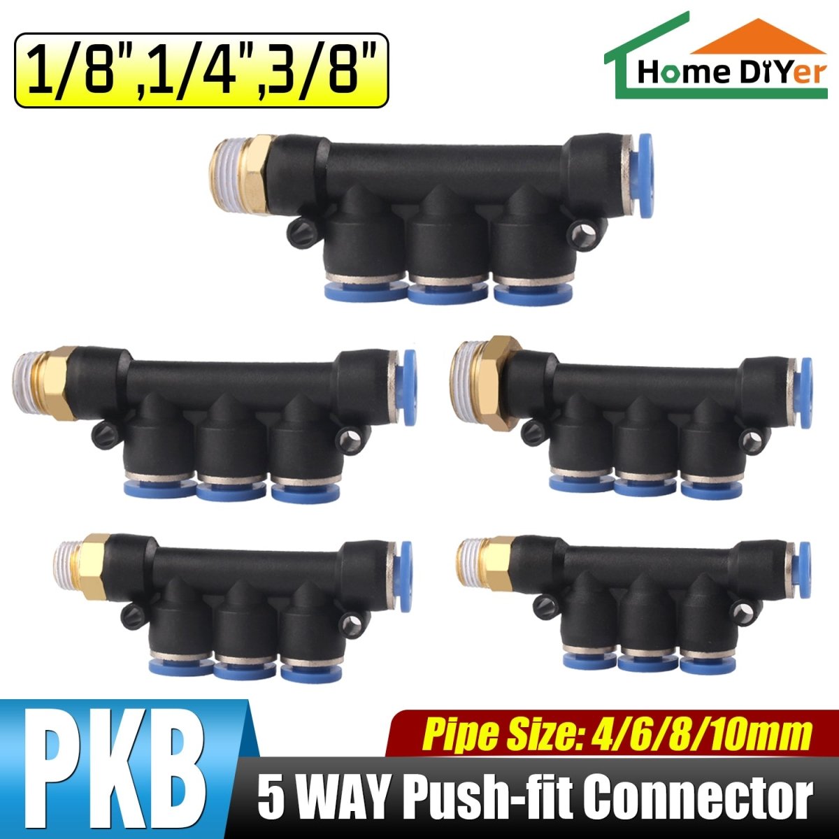 4 - 10mm Pneumatic Push In Fitting T Shape 5 Way Connector For Air Water Pipe - HomeDIYer