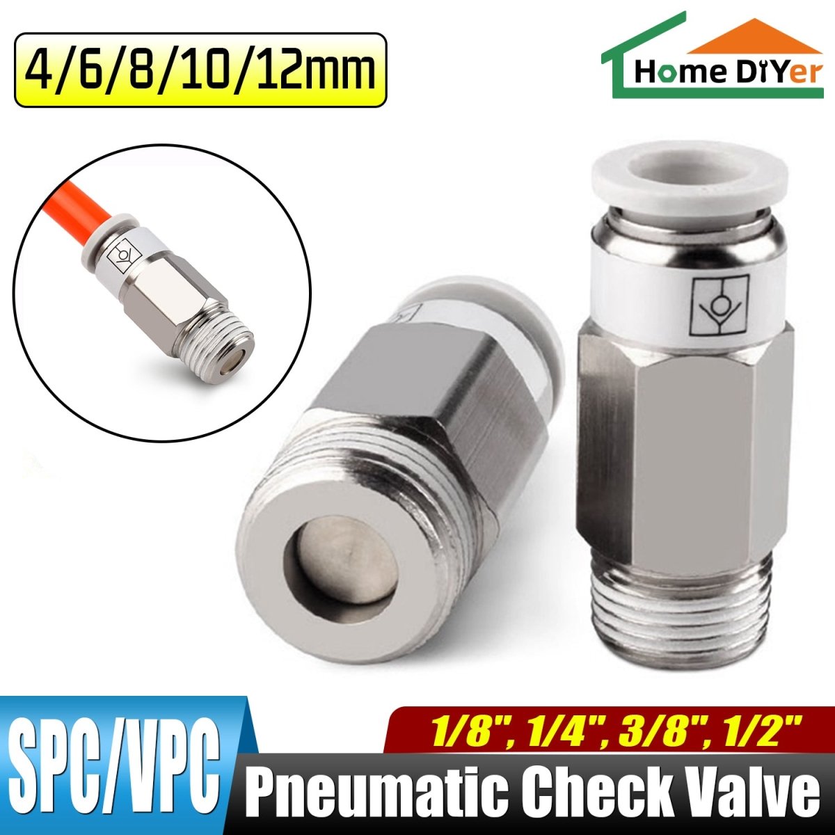 4 - 12mm Pneumatic Check Valve One Way Qucik Fitting Connector - Male Hex Stud - HomeDIYer