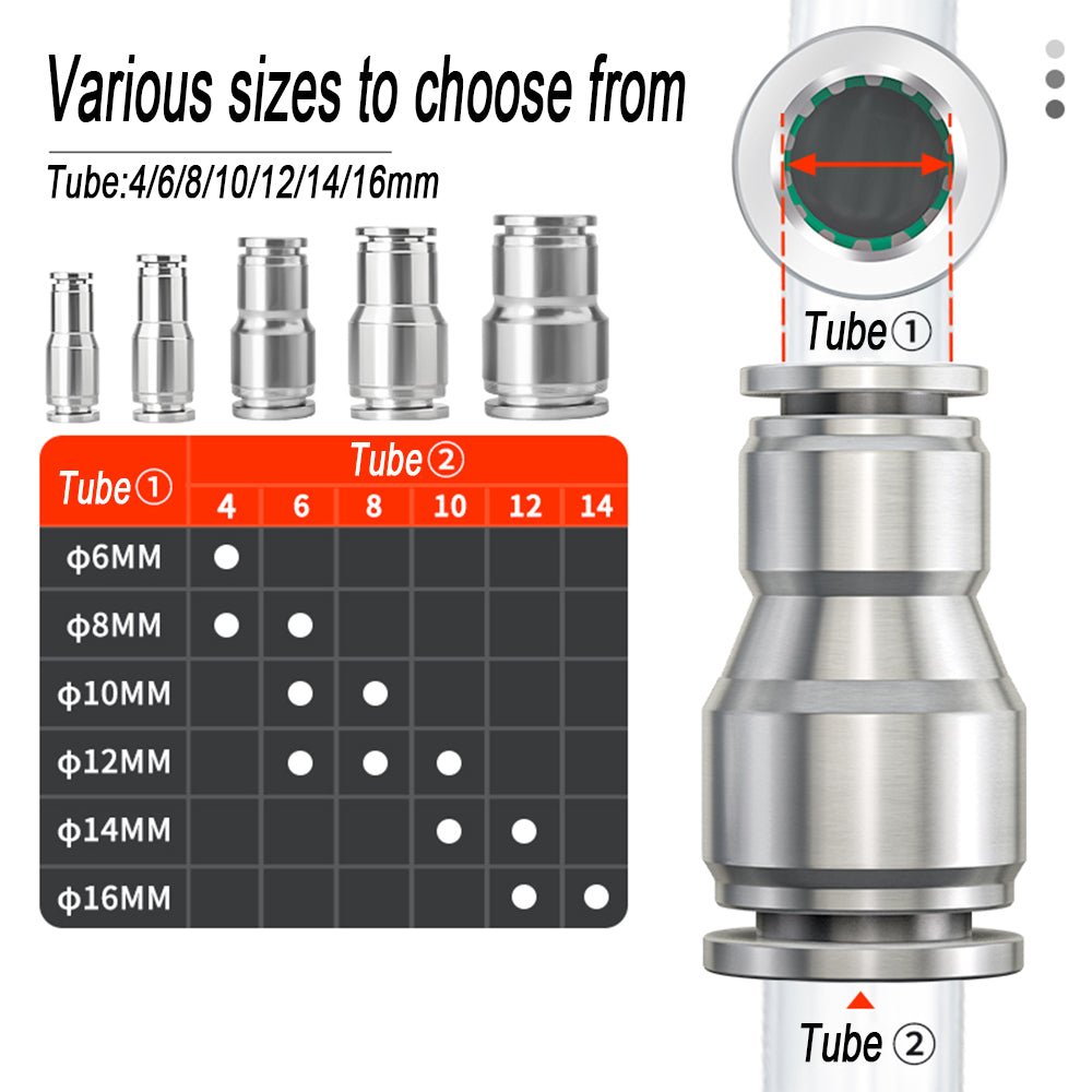 Push Fit Stem Reducers Adapter Stainless Steel Push in Fittings Hose Tube - HomeDIYer