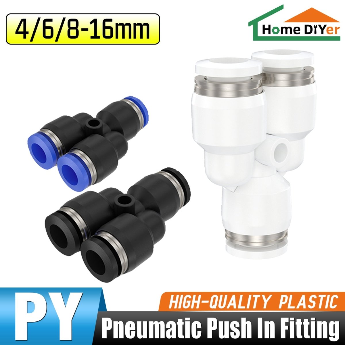 Pneumatic Equal Y Push In Fittings - Y Shape 3 Way Connector 4mm to 16mm - HomeDIYer