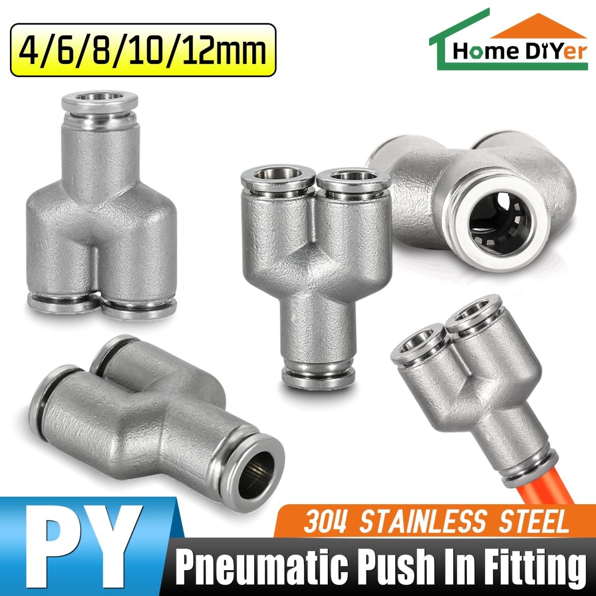 Equal Y Connector Stainless Steel Pneumatic Push - In Fitting for Air Water Hose - HomeDIYer